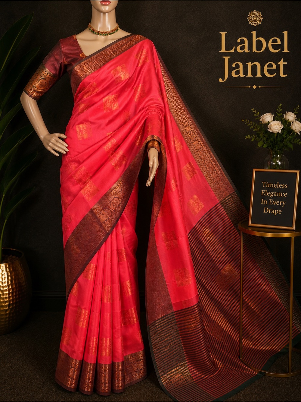 Vibrant Pink & Brown Silk Saree with Gold Motifs & stitched blouse